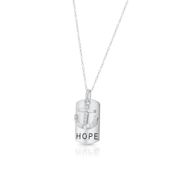 Silver 925 Rhodium Plated Clear CZ Anchor Black Dogtag Pendant Necklace